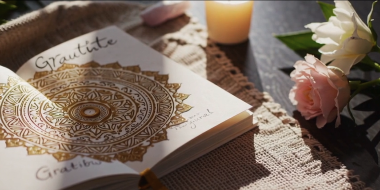 An open gratitude journal with a gold mandala design lies on a textured mat beside Matt Fraser—a lit candle—pink roses, and a crystal on a dark wooden surface.